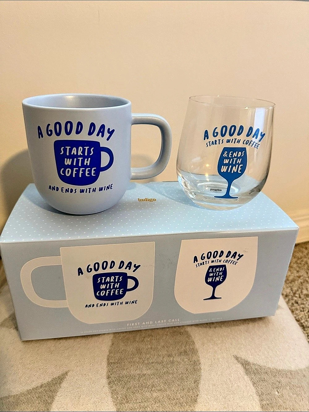 Indigo Mug and Wine Glass Set Blue & White